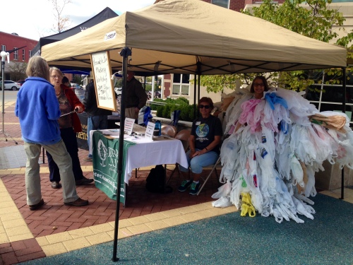 Osage Sierra Club Chapter volunteers encourage passers-by to sign their petition of support for a single-use plastic bag ban in Columbia at the 2014 Sustainable Living Fair outside city hall Saturday. (Photo by Jessica Stone.)
